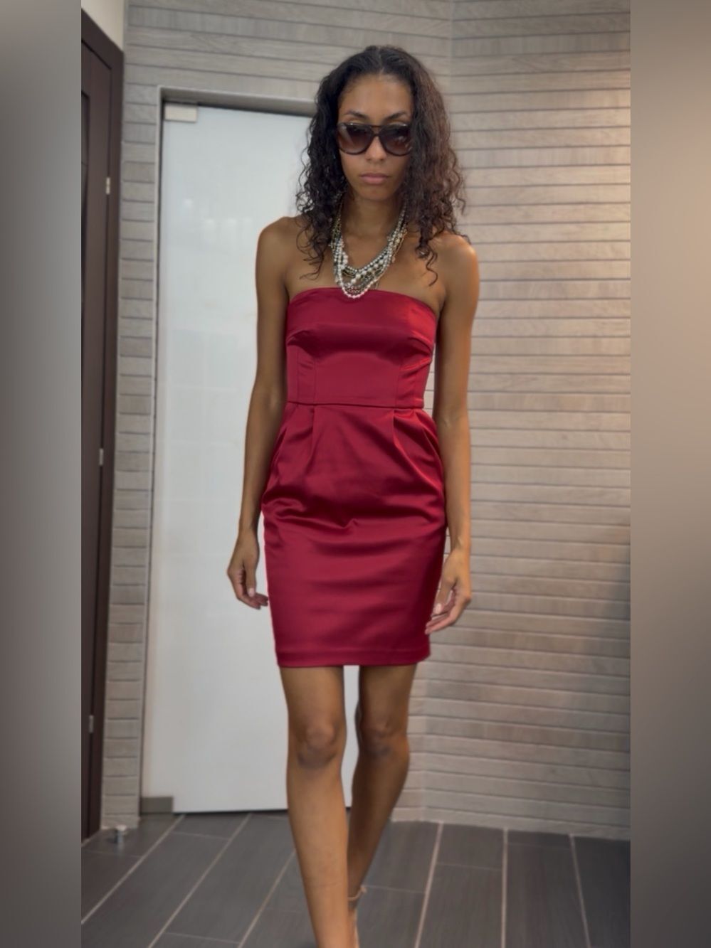 Express Strapless Satin Dress in Deep cherry